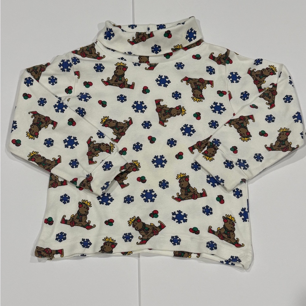 Vintage toddler White Turtleneck with Bear and Snowflake Print
